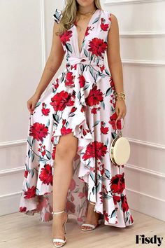 Fisdy - Elegante Blanco Sólido Vendaje V Cuello Vestido Irregular Robes Glamour, Maxi Dress Outfit, Cotton Sundress, Maxi Dress Prom, Red Dress Maxi, Floral Print Maxi Dress, Floral Print Maxi, Long Summer Dresses, Floor Length Dresses