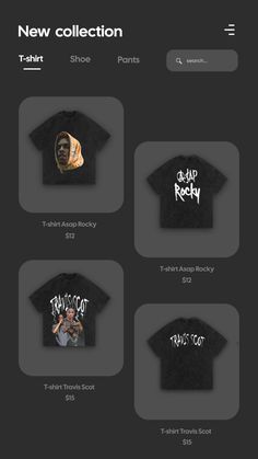 the new collection is displayed on an iphone screen, including t - shirts and other items