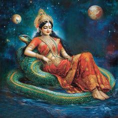 a painting of a woman sitting on top of a green snake in the middle of water