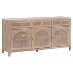 the sideboard is made out of wood and has wicker doors, two drawers, and