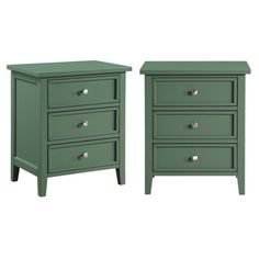 two green nightstands side by side against a white background, each with one drawer open and the other closed