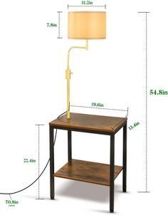 a table with a lamp next to it and measurements for the top shelf on each side