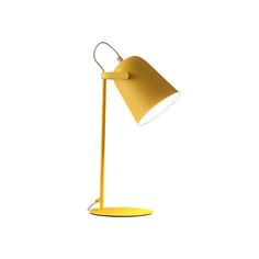 a yellow table lamp on a white background with the light turned off to show its dim lighting