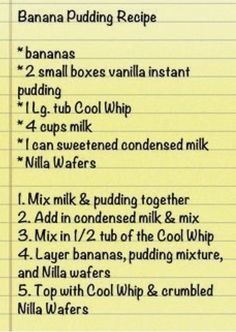 banana pudding recipe with instructions on lined paper