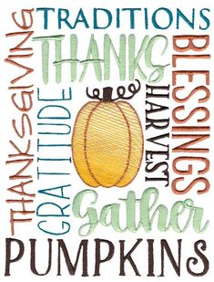 the words are written in different colors and font on a white background with an orange pumpkin