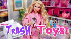 a barbie doll holding a toy in front of a pink room with toys on the shelves