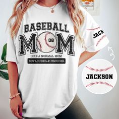 a woman wearing a baseball mom t - shirt