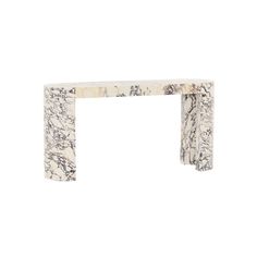 a white marble console table with two legs and an open end section on the side