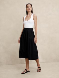 Poplin Pleated Midi Skirt | Banana Republic Factory Lined Asymmetrical Skirt For Work, Asymmetrical Lined Skirt For Work, High Waist Gathered Skirt For Daywear, Fitted Skirt For Daywear, Relaxed Pleated Waist Skirt For Daywear, Flattering Spring Midi Skirt, Daywear Asymmetrical Pleated Skirt, Classic Bottoms With Elastic Waistband And Relaxed Skirt, High Waisted Lined Skirt For Daywear