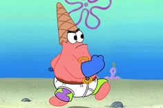 a cartoon character with an ice cream cone on his head, running in the sand