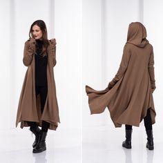 "This asymmetrical and modern cloak with a hood has two side pockets, a super comfy hood, and thumbholes for a fabulous look. If you want to add a belt to the cloak, please add this listing to your order, and choose from the options: https://www.etsy.com/listing/1309043791/customization-add-a-belt-to-the-cloak?ref=listings_manager_grid The model in the picture is 175cm. ⅼ 5.75 ft. tall and is wearing size S / color: camel 🌟 INFO: * Worldwide EXPRESS shipping - please provide a phone number for Hooded Lagenlook Hoodie For Fall, Lagenlook Hooded Outerwear For Fall, Hooded Lagenlook Outerwear For Fall, Hooded Lagenlook Outerwear For Winter, Witch Cloak, Cloak With Hood, Mantel Cape, Winter Cloak, Futuristic Clothing