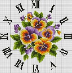 a cross stitch pattern with pansies and butterflies on it's face, in the shape of a clock