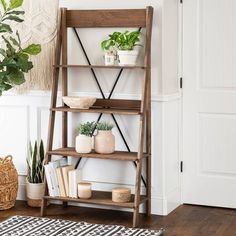 a wooden shelf with potted plants and books on it in front of a door