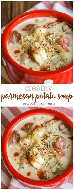 two bowls of creamy parmesan potato soup on a red and white checkered tablecloth