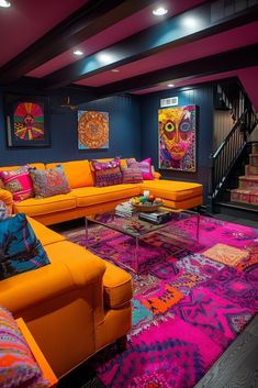 a living room filled with lots of colorful furniture