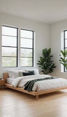 a large bed sitting in the middle of a bedroom next to two windows with potted plants