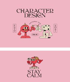 two pink cards with cartoon characters on them and the words character design written in black