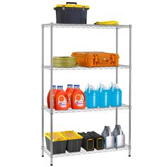 three tier shelving unit with various cleaning products and containers on the bottom shelf,