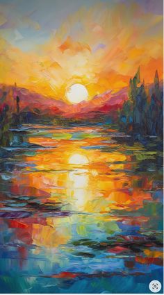 an oil painting of the sun setting over water