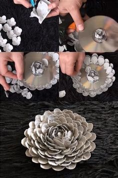 the process to make paper flowers with cd's and cds are shown in three different stages