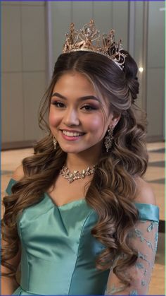 Discover trendy Quinceanera hairstyles with crown ideas for various hair lengths and styles! Whether you have Half Up, Long Hair, Short Hair, Half Up Hairdos, Hair Down, Short Updos, Braid Buns, Simple, Thin Hair, Medium Hair, Curly Hair - find easy and elegant options for both front and back styles. Perfect for those looking for tutorials on styling their Quinceanera hair! Princess Hair Styles With Crown, Princess Hairstyles With Crown, Debut Hairstyles With Crown, 15 Quinceanera Hairstyles, Hairstyles For Quinceanera With Crown, Quinceanera Hairstyles With Crown, Debut Hairstyles, Xv Makeup, Quinceanera Hair