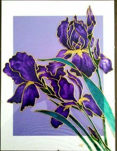 purple flowers with green stems in front of a blue and white background on a card