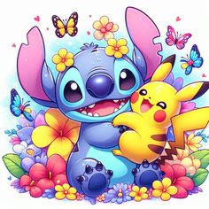 an image of cartoon characters with flowers and butterflies