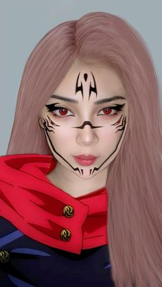 Anime Halloween Makeup Looks, Sakuna Costume Female, Sukuna Inspired Makeup, Sukuna Outfit Inspired Female, Sukuna Costume Female, Fem Sukuna Cosplay, Sukuna Girl Cosplay, Easy Female Cosplay Ideas, Sukuna Female Cosplay