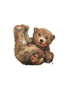 a watercolor painting of a brown teddy bear sitting on its back with it's paws in the air