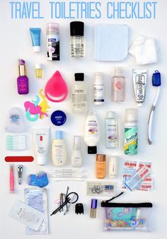 the contents of a travel and toiletries checklist laid out on a white surface