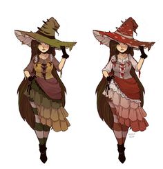 two women dressed in costumes and hats