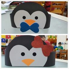 two pictures of a penguin with a bow on it's head