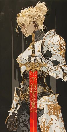 The painting depicts a woman in medieval armor. She is wearing a white and gold breastplate with intricate designs and a red skirt ->> more details in ai-img-gen.com Medieval Woman Armor, Medieval Helmets Design, White And Gold Armor Female, Lady In Armor, Woman Armor Drawing, Women Knight Art, Red And White Character Design, Female Knight Painting