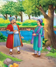 two men are talking in the woods by the river, one is wearing a blue and red outfit