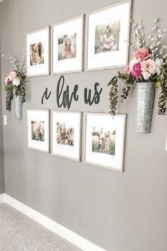 the wall is decorated with pictures and flowers