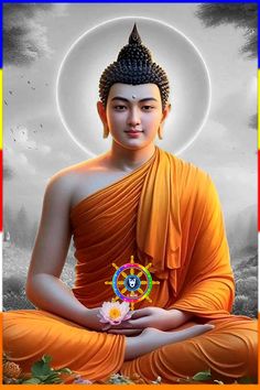 the buddha is holding a flower in his hand and smiling at the camera with an orange frame around him