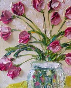 a painting of pink flowers in a vase