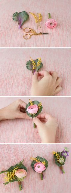 four pictures showing how to make fake flowers