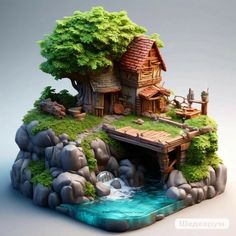 a small house sitting on top of a rock next to a body of water in front of a tree