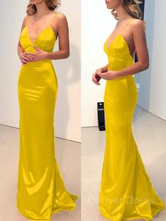 Sheath V-neck Sweep Train Elastic Woven Satin Prom Dresses Yellow V-neck Maxi Dress For Wedding, Elegant Gold V-neck Maxi Dress, Gold V-neck Gown For Prom, Gold V-neck Wedding Gown, Elegant Yellow V-neck Gown, Gold V-neck Evening Dress For Prom, Yellow V-neck Party Gown, Elegant Yellow V-neck Maxi Dress, Elegant Gold V-neck Gown