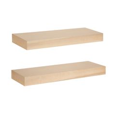 two wooden shelves are shown against a white background, one is empty and the other has no shelf space