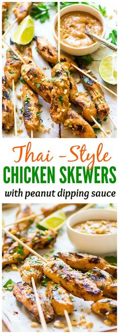 thai style chicken skewers with peanut dipping sauce on the side and text overlay that reads thai style chicken skewers with peanut dipping sauce