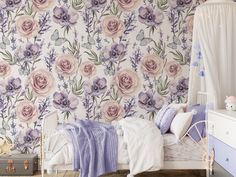 a bedroom with floral wallpaper and white bedding, purple flowers on the wall