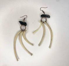 Black Crystal & Rib Bone Earrings.  #bone #crystal #earrings #occult #wiccan Occult Earrings, Rib Bones, Bone Earrings, Bone Crafts, Bone Jewelry, Bone Carving, Fine Earrings, Black Crystals, Bones