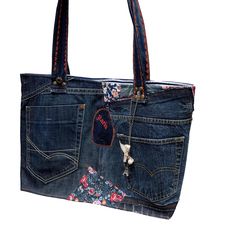 Handmade tote bag Pockets: Inside: 3 Outside: 2 Measurements: width 20 in / 51 cm length 13 in / 34 cm Denim Double Handle Bag With Pockets, Denim Bags With Double Handle And Pockets, Rectangular Denim Satchel For Daily Use, Daily Use Rectangular Denim Satchel, Everyday Denim Rectangular Satchel, Denim Rectangular Satchel For Everyday Use, Rectangular Denim Shoulder Bag With Zipper Pocket, Rectangular Denim Bag With Zipper Pocket, Denim Tote Shoulder Bag With Pockets