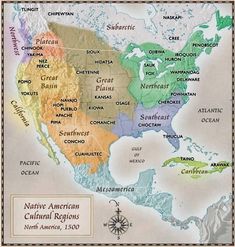 a map of the native american cultural regions, including north america and central america in different colors