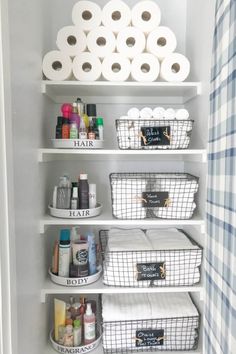 A neat and fresh, white linen closet Ikea Desk Hack, Glam Bathroom, Bathroom Closet, Apartment Organization, Bathroom Decor Apartment