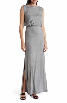 GO COUTURE Sleeveless Blouson Maxi Dress | Nordstromrack Elegant Flowy Full-length Maxi Dress, Elegant Flowy Maxi Dress With Side Slits, Spring Stretch Gray Maxi Dress, Gray Stretch Maxi Dress For Spring, Floor-length Maxi Dress With Side Slits For Bridesmaid, Elegant Floor-length Stretch Maxi Skirt, Elegant Flowy Gray Dress, Full Length Maxi Dress With Side Slits, Elegant Fitted Gray Maxi Skirt