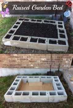 an image of raised garden bed made out of cinder blocks and cement bricks with the words designs raised garden bed on it