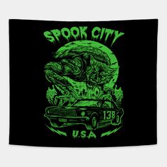 a green and black poster with the words spook city usa in front of a car